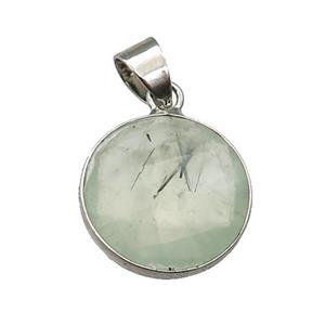 green Prehnite circle pendant, platinum plated, approx 16mm dia [GM17000]