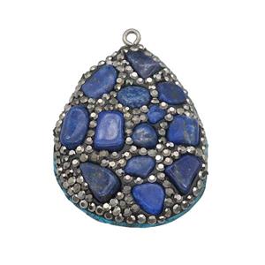 Lapis teardrop pendant paved rhinestone, approx 30-40mm [GM17045]