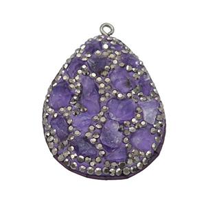 purple Amethyst teardrop pendant pave rhinestone, approx 30-40mm [GM17048]