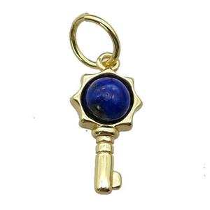 copper Key pendant pave Lapis, gold plated, approx 6mm, 20mm [GM17158]