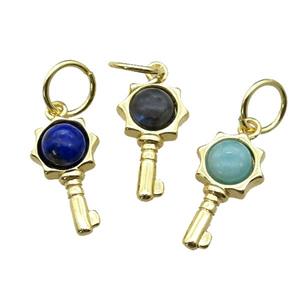 copper Key pendant pave gemstone, mixed, gold plated, approx 6mm, 20mm [GM17161]