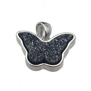 black Resin Druzy butterfly pendant, platinum plated, approx 11-17mm [GM17221]