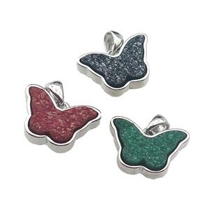 Resin Druzy butterfly pendant, mixed color, platinum plated, approx 11-17mm [GM17225]