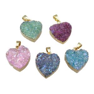 Mix Quartz Druzy Heart Pendant AB-Color Gold Plated, approx 20mm [GM17453]