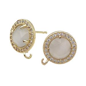 White Cat Eye Stone Stud Earring With Loop Circle Gold Plated, approx 12.5mm dia [GM17467]