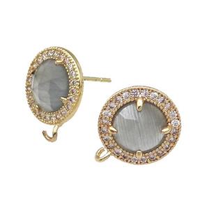 Grey Cat Eye Stone Stud Earring With Loop Circle Gold Plated, approx 12.5mm dia [GM17468]