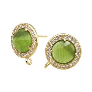 Olive Cat Eye Stone Stud Earring With Loop Circle Gold Plated, approx 12.5mm dia [GM17470]