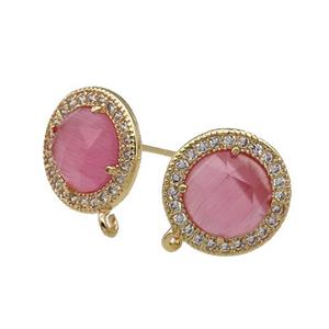 Pink Cat Eye Stone Stud Earring With Loop Circle Gold Plated, approx 12.5mm dia [GM17471]