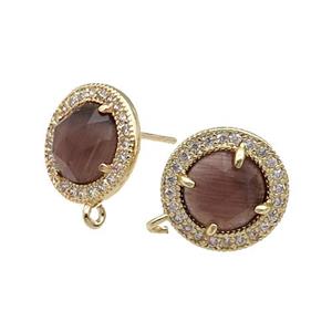 Smoky Cat Eye Stone Stud Earring With Loop Circle Gold Plated, approx 12.5mm dia [GM17473]