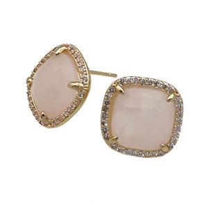 Rose Quartz Stud Earring Square Gold Plated, approx 14mm [GM17474]