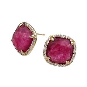 Red Dye Jade Stud Earring Square Gold Plated, approx 14mm [GM17475]