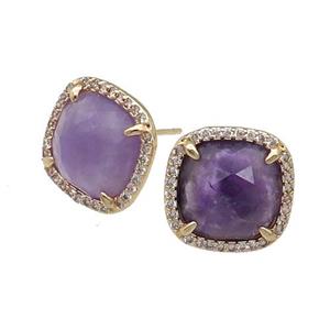 Purple Amethyst Stud Earring Square Gold Plated, approx 14mm [GM17479]