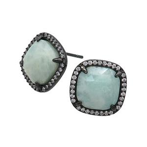 Green Amazonite Stud Earring Square Black Plated, approx 14mm [GM17483]