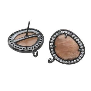 Peach SunStone Stud Earring With Loop Potato Black Plated, approx 15-18mm [GM17491]