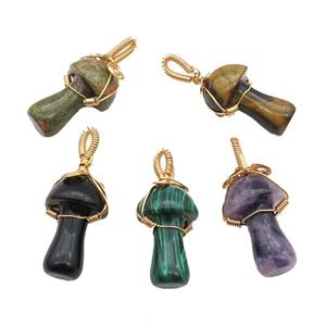 Mixed Gemstone Mushroom Pendant Wire Wrapped, approx 18-28mm [GM17719]