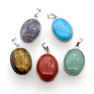 Mixed Gemstone Oval Pendant Platinum Plated, approx 18x25mm [GM17767]