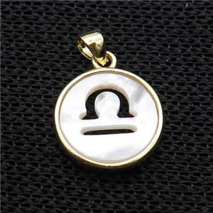 White MOP Shell Circle Pendant Zodiac Libra Gold Plated, approx 14mm dia [GM17966]
