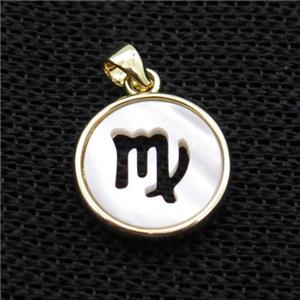 White MOP Shell Circle Pendant Zodiac Virgo Gold Plated, approx 14mm dia [GM17967]