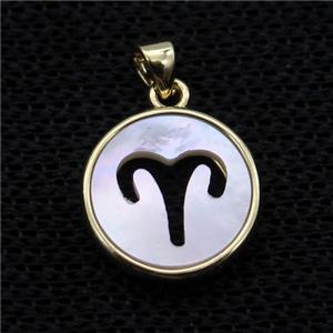 White MOP Shell Circle Pendant Zodiac Aries Gold Plated, approx 14mm dia [GM17972]