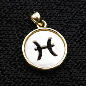 White MOP Shell Circle Pendant Zodiac Pisces Gold Plated, approx 14mm dia [GM17973]