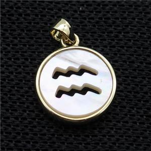 White MOP Shell Circle Pendant Zodiac Aquarius Gold Plated, approx 14mm dia [GM17974]