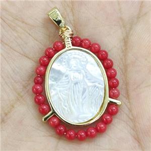 MOP Shell Virgin Mary Pendant With Red Lacquered Glass Gold Plated, approx 21-25mm [GM17976]