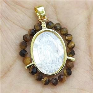 MOP Shell Virgin Mary Pendant With Tiger Eye Stone Gold Plated, approx 21-25mm [GM17977]