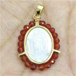 MOP Shell Virgin Mary Pendant With Red Crystal Glass Gold Plated, approx 21-25mm [GM17978]