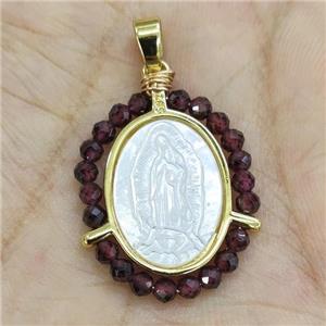 MOP Shell Virgin Mary Pendant With Purple Crystal Glass Gold Plated, approx 21-25mm [GM17979]