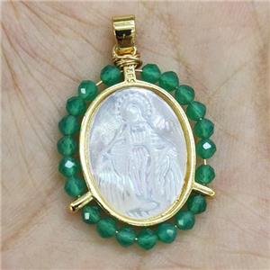 MOP Shell Virgin Mary Pendant With Green Crystal Glass Gold Plated, approx 21-25mm [GM17980]