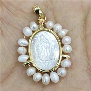 MOP Shell Virgin Mary Pendant With Pearl Wire Wrapped Gold Plated, approx 21-25mm [GM17983]