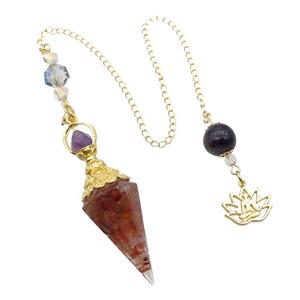 Red Carnelian Agate Chips Resin Pendulum Pendant Chakra Gold Plated, approx 20-60mm, 12mm, 17mm, 20cm chain [GM18021]