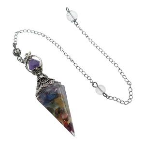 Mixed Gemstone Chips Resin Pendulum Pendant Antique Silver, approx 20-60mm, 6mm, 20cm chain [GM18039]