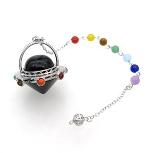 Black Onyx Agate Pendulum Pendant Chakra Platinum Plated, approx 35mm, 18cm chain [GM18071]