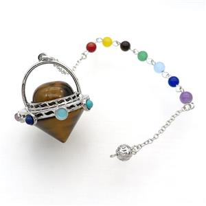 Tiger Eye Stone Pendulum Pendant Chakra Platinum Plated, approx 35mm, 18cm chain [GM18072]