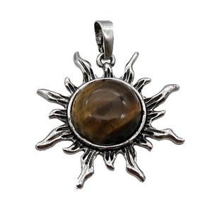 Tiger Eye Stone Sun Alloy Pendant Antique Silver, approx 33mm [GM18087]
