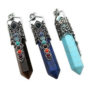Mix Gemstone Prism Pendant Alloy Chakra Antique Silver, approx 14-75mm [GM18134]