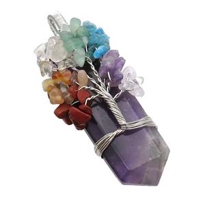 Purple Amethyst Bullet Pendant Chakra Tree Wire Wrapped, approx 23-56mm [GM18140]
