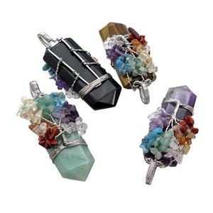 Mix Gemstone Bullet Pendant Chakra Tree Wire Wrapped, approx 23-56mm [GM18142]