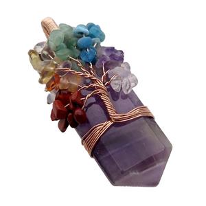 Purple Amethyst Bullet Pendant Chakra Tree Rose Gold Wire Wrapped, approx 23-56mm [GM18148]