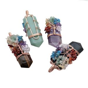 Mix Gemstone Bullet Pendant Chakra Tree Rose Gold Wire Wrapped, approx 23-56mm [GM18150]