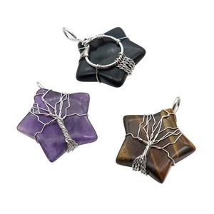 Mix Gemstone Star Pendant Tree Wire Wrapped, approx 30mm [GM18158]