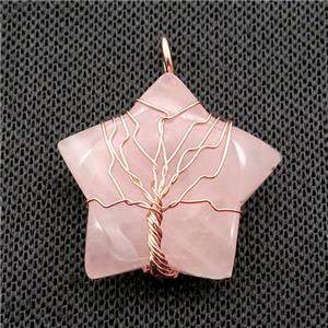 Pink Rose Quartz Star Pendant Tree Wire Wrapped, approx 30mm [GM18161]