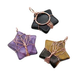 Mix Gemstone Star Pendant Tree Wire Wrapped, approx 30mm [GM18166]