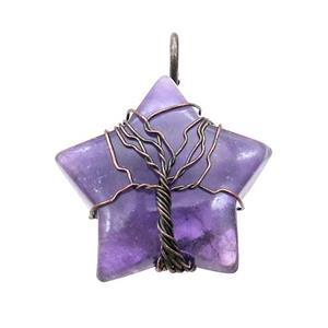 Purple Amethyst Star Pendant Tree Wire Wrapped, approx 30mm [GM18173]