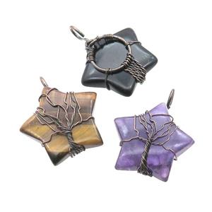 Mix Gemstone Star Pendant Tree Wire Wrapped, approx 30mm [GM18174]