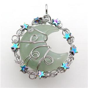 Green Aventurine Moon Pendant Wire Wrapped, approx 46mm [GM18178]