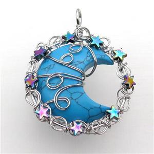 Blue Turquoise Moon Pendant Wire Wrapped, approx 46mm [GM18179]