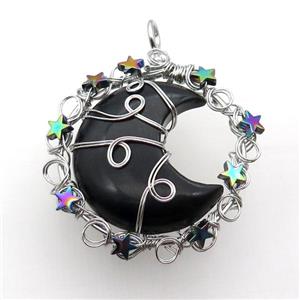 Black Onyx Agate Moon Pendant Wire Wrapped, approx 46mm [GM18180]