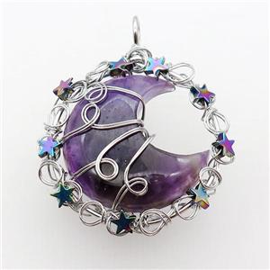 Purple Amethyst Moon Pendant Wire Wrapped, approx 46mm [GM18182]